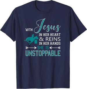 With Jesus In Her Heart and Reins In Her Hands She Is T-Shirt - T-Shirt | Navy