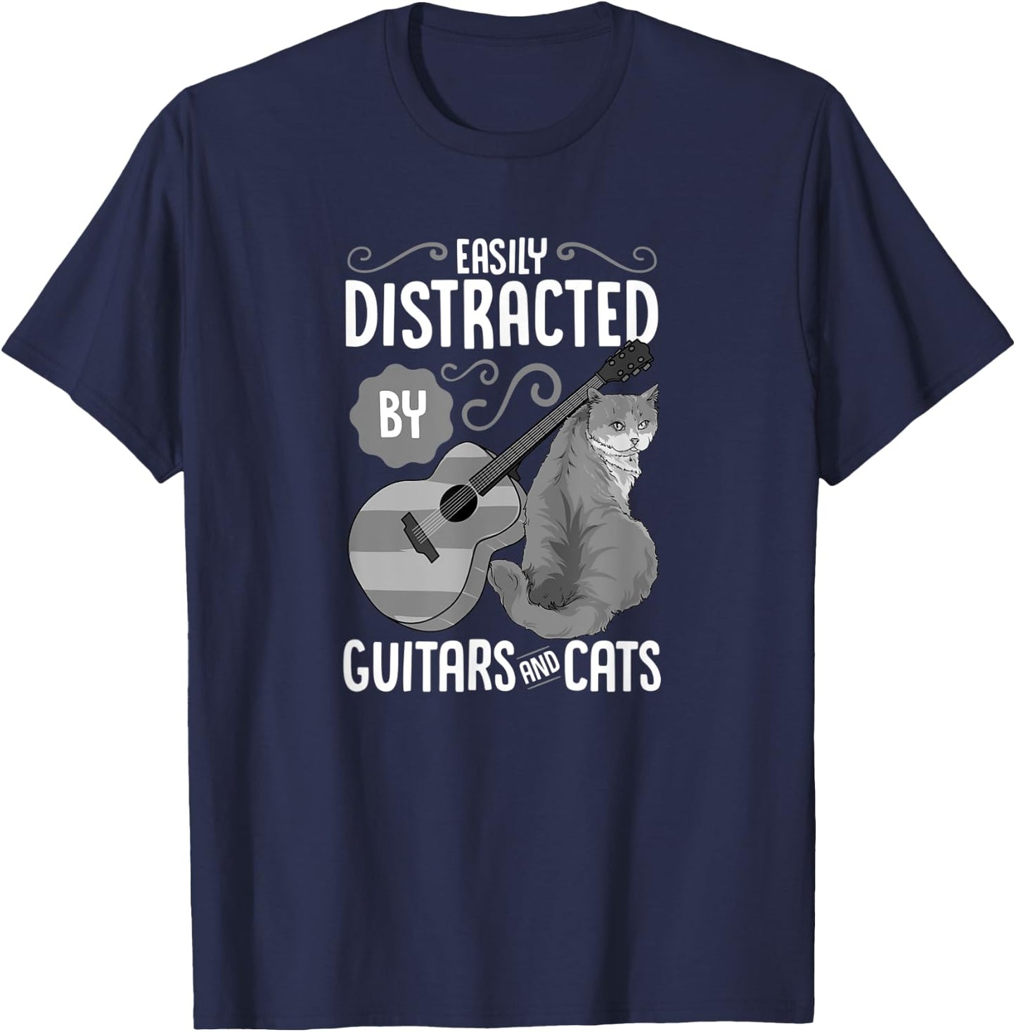 Easily Distracted by Guitars and Cats - Cat & Guitar Lover T-Shirt - T-Shirt | Navy