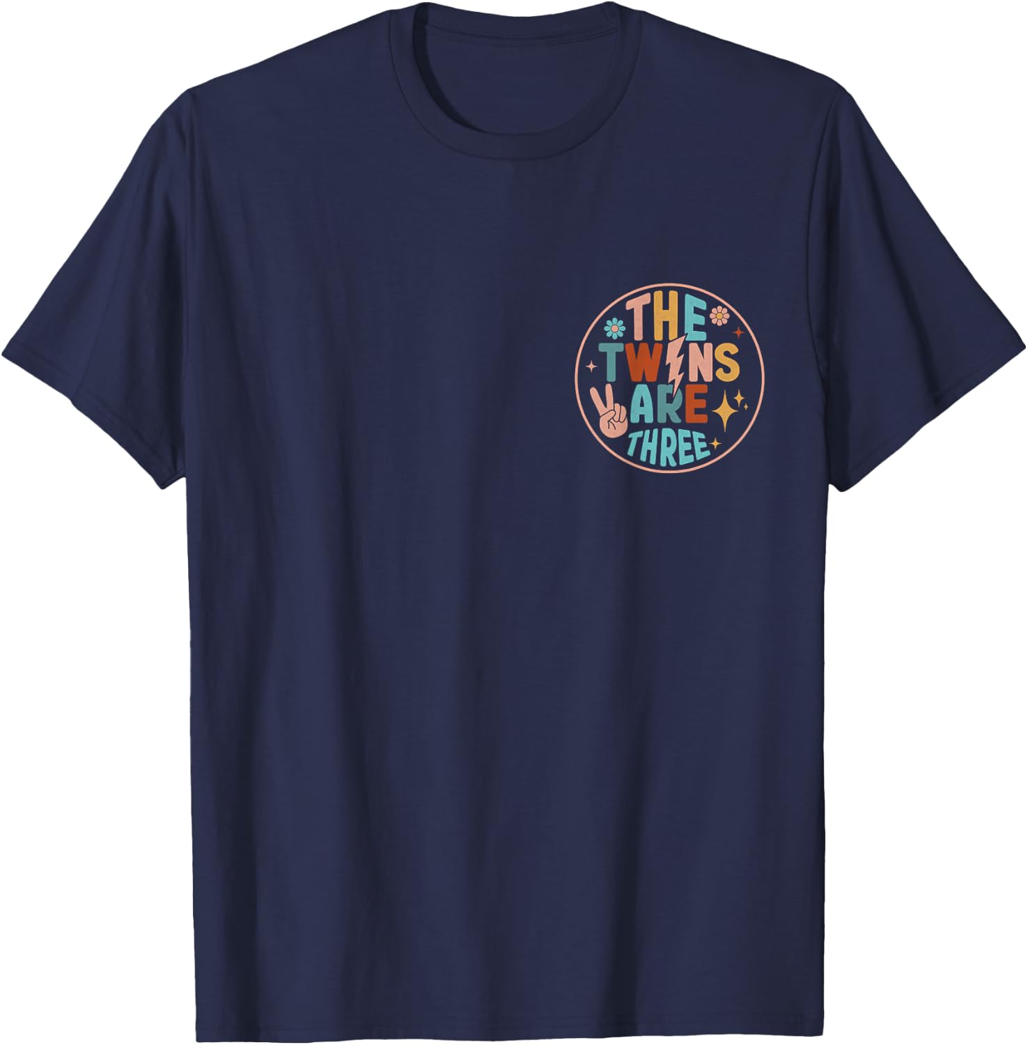 (2 SIDED) Twins 3rd Birthday Party Groovy 3 Year Old Twin T-Shirt - T-Shirt | Navy