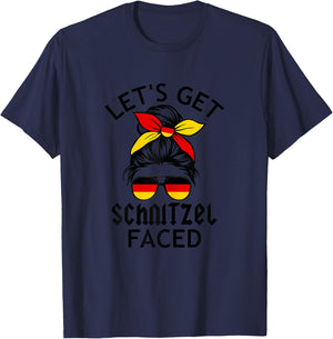 n6PO Messy Bun Lets Get Schnitzel Faced Germany Oktoberfest T-Shirt - T-Shirt | Navy