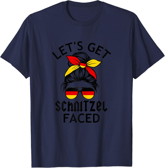 n6PO Messy Bun Lets Get Schnitzel Faced Germany Oktoberfest T-Shirt - T-Shirt | Navy