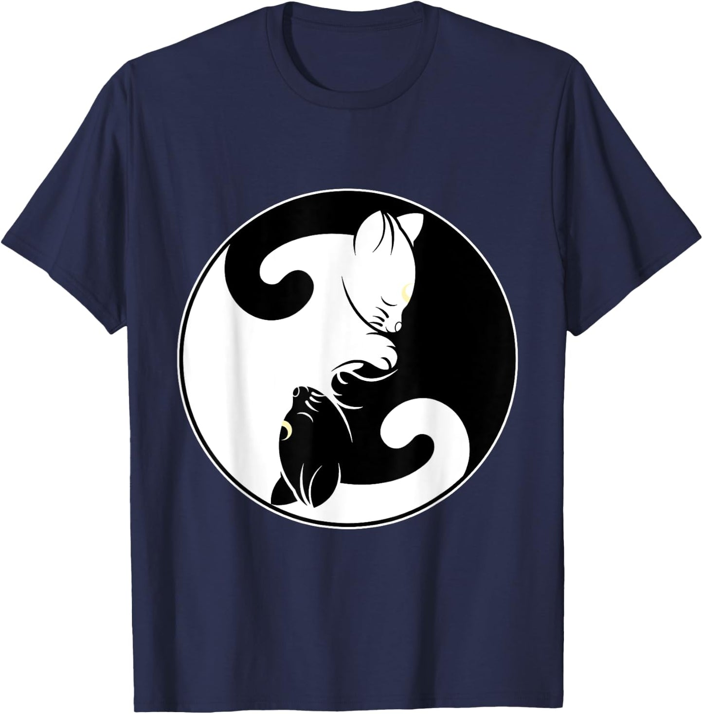 Kawaii Yin Yang Black Cat and Moon Crescent Head Cartoon Cat Kawaii Yin Yang Cat Moon Crescent T-Shirt - T-Shirt | Navy