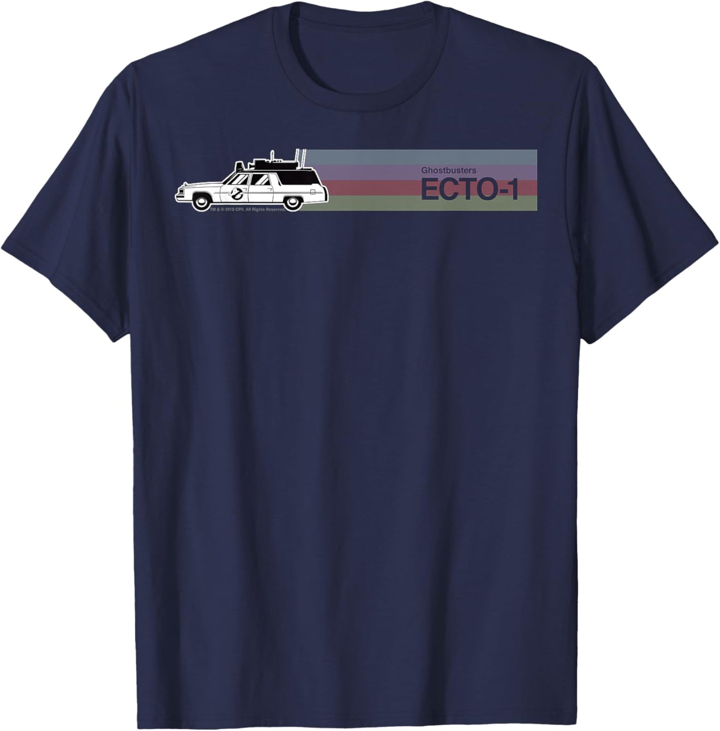 Ghostbusters ECTO-1 Colourful Striped Rainbow Portrait T-Shirt - T-Shirt | Navy