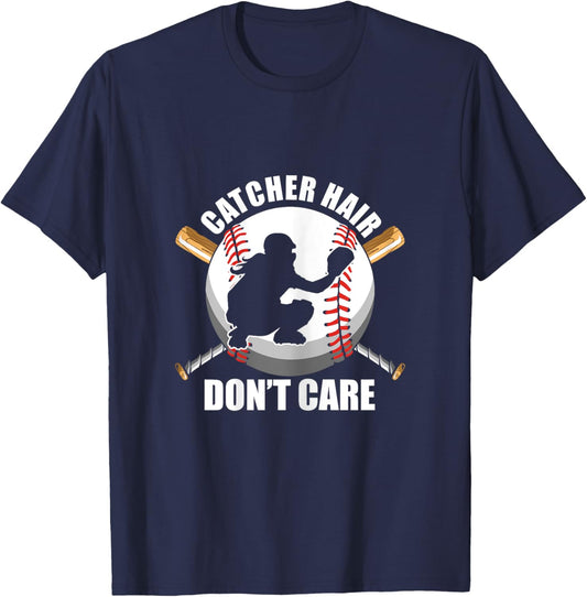 Do Not Care Catcher Hair Ball Baseball Softball Player Gift T-Shirt - T-Shirt | Navy