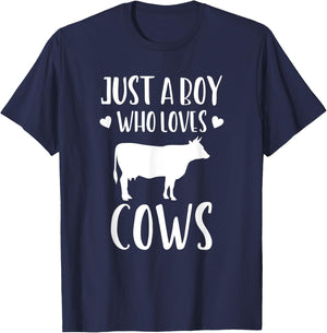 Just A Boy Who Loves Cows Funny Gift Farmer T-Shirt - T-Shirt | Navy