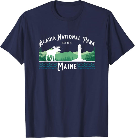 Acadia National Park Maine USA Lighthouse Moose Fishing T-Shirt - T-Shirt | Navy