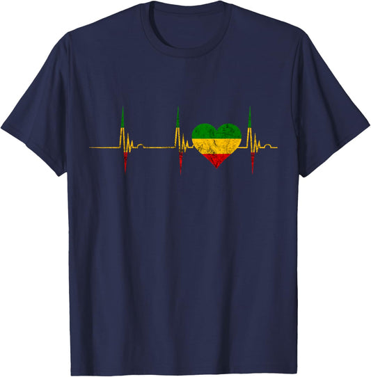 Rasta Reggae Heartbeat ECG Pulse Jamaica Rastafari Heart T-Shirt - T-Shirt | Navy