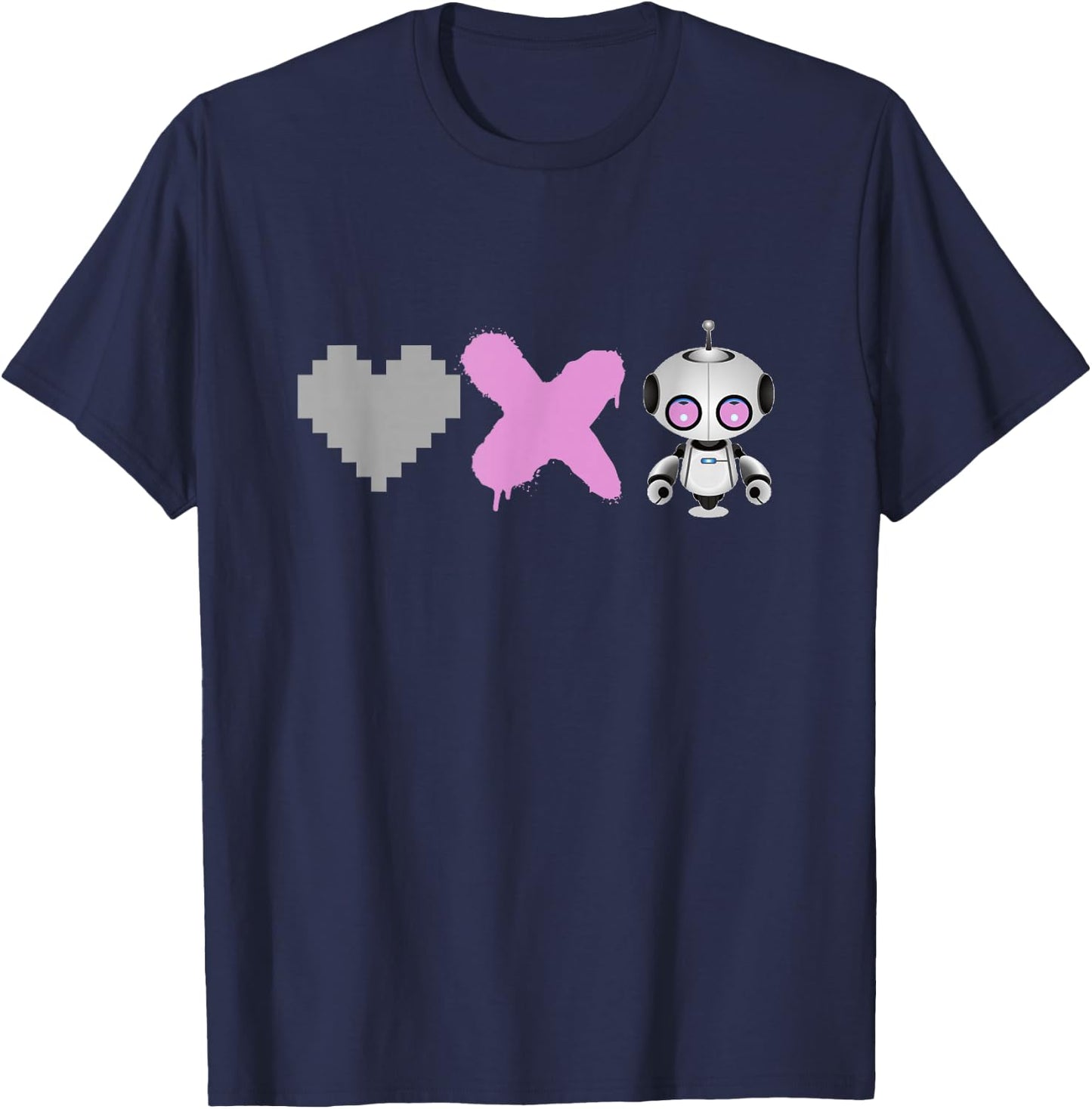 Love Death Robots - Pink Pixel Heart, X and Cute Robot T-Shirt - T-Shirt | Navy