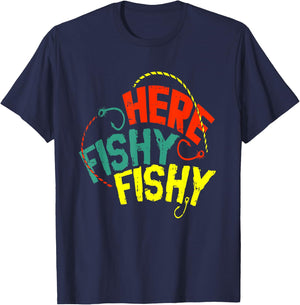 Here Fishy Fishy Hook Funny Fishing Fisher Fisherman Gift T-Shirt - T-Shirt | Navy