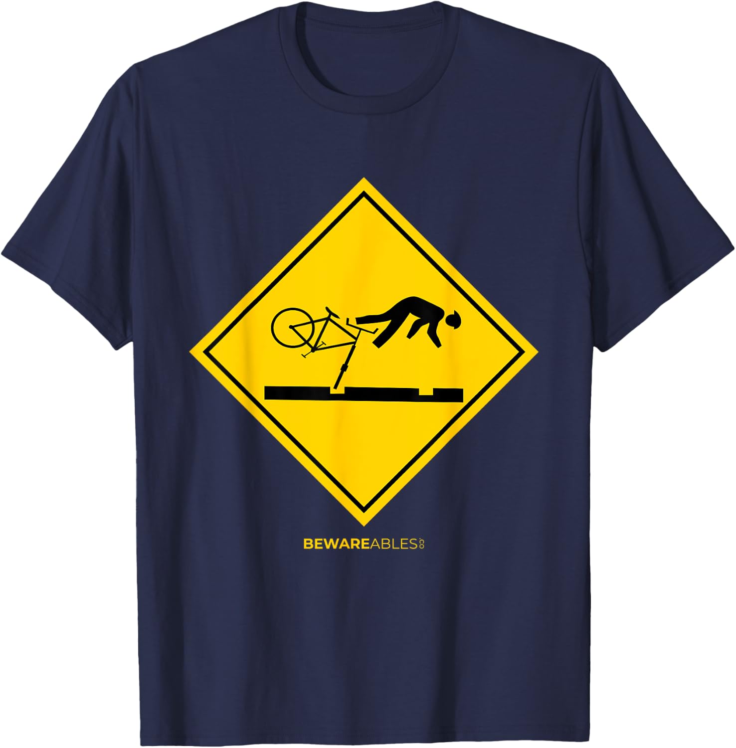 Falling bicyclists ahead caution sign funny cycling bike MTB T-Shirt - T-Shirt | Navy