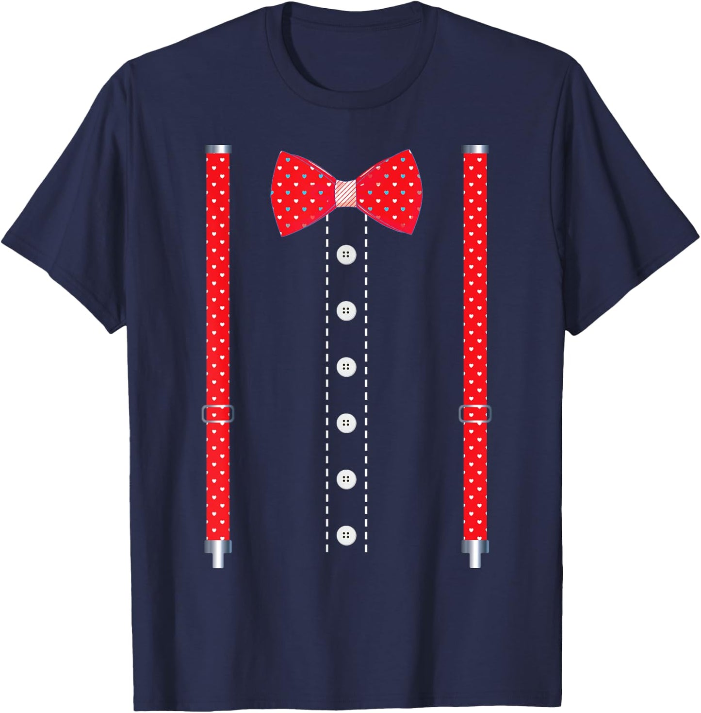 Red Hearts Bow Tie Suspenders Valentines Day Costume T-Shirt - T-Shirt | Navy