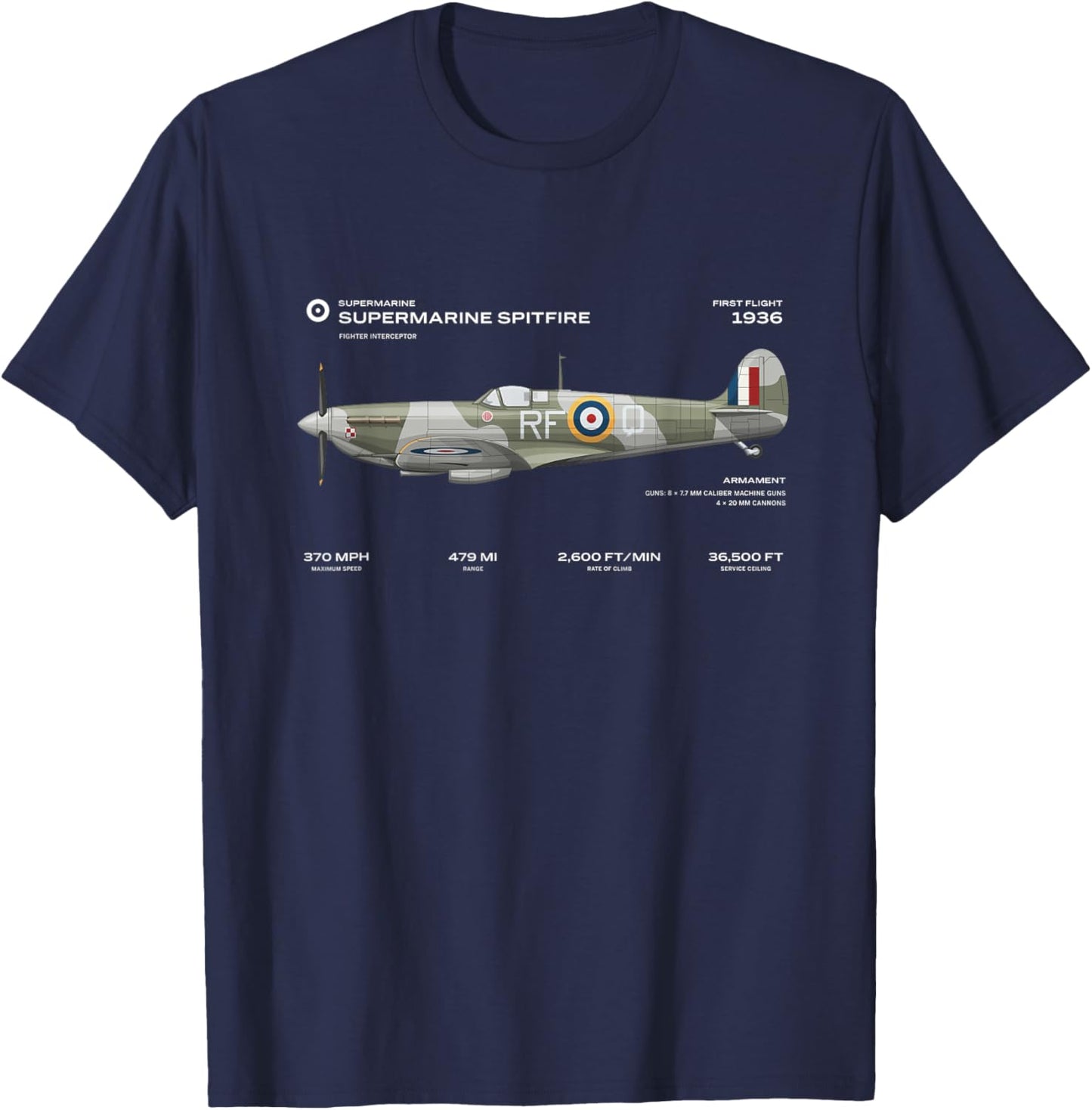 Supermarine Spitfire WWII Aeroplane British RAF T-Shirt - T-Shirt | Navy