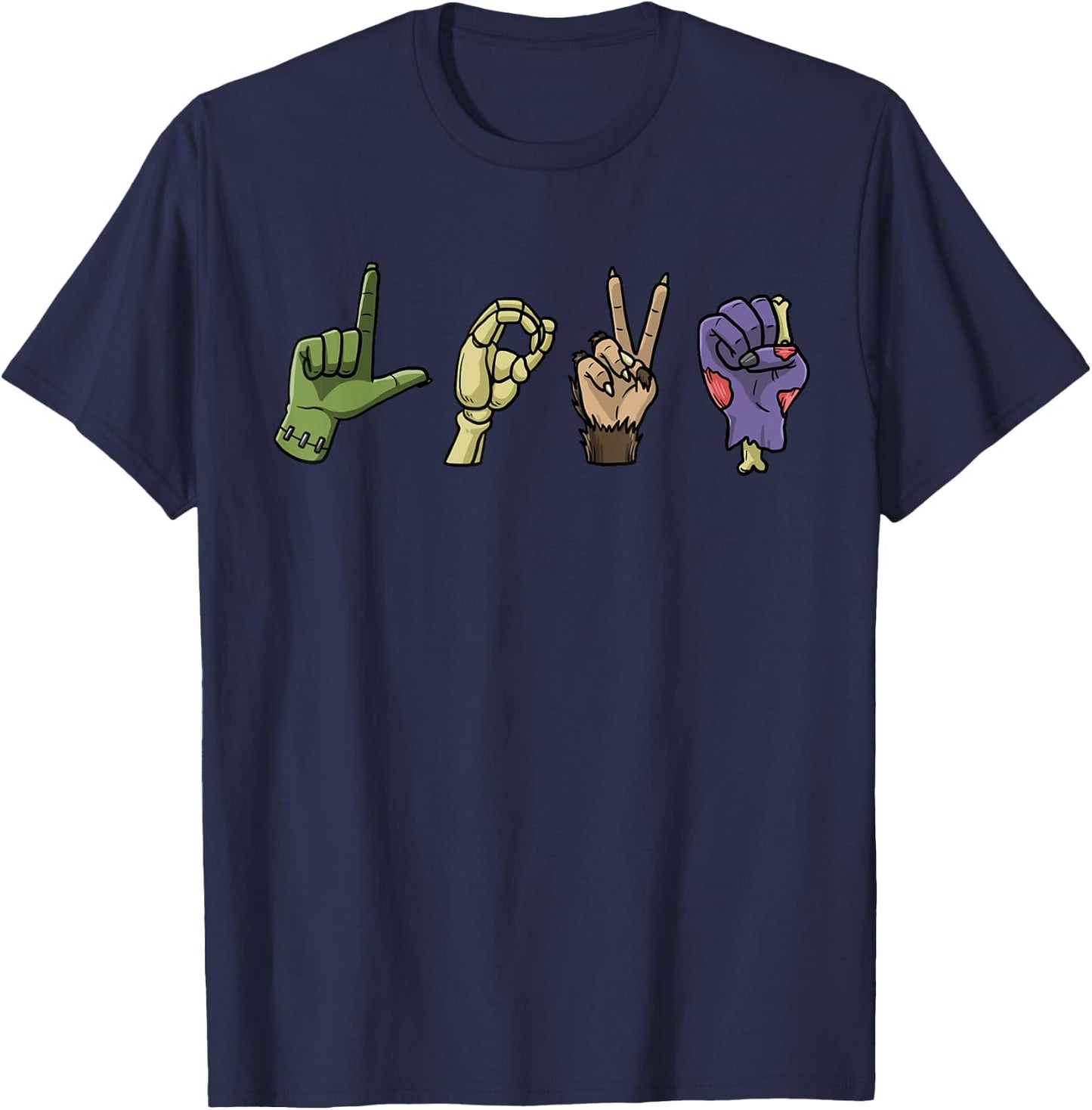 Halloween ASL LOVE Hand Sign Monsters Scary Creatures T-Shirt - T-Shirt | Navy
