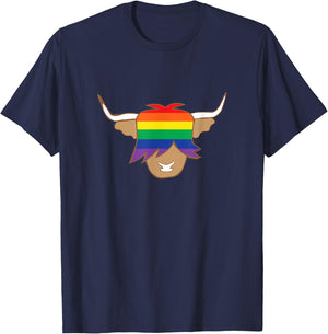 Cute Gay Pride Shirt LGBT flag scottish highland cow t shirt T-Shirt - T-Shirt | Navy