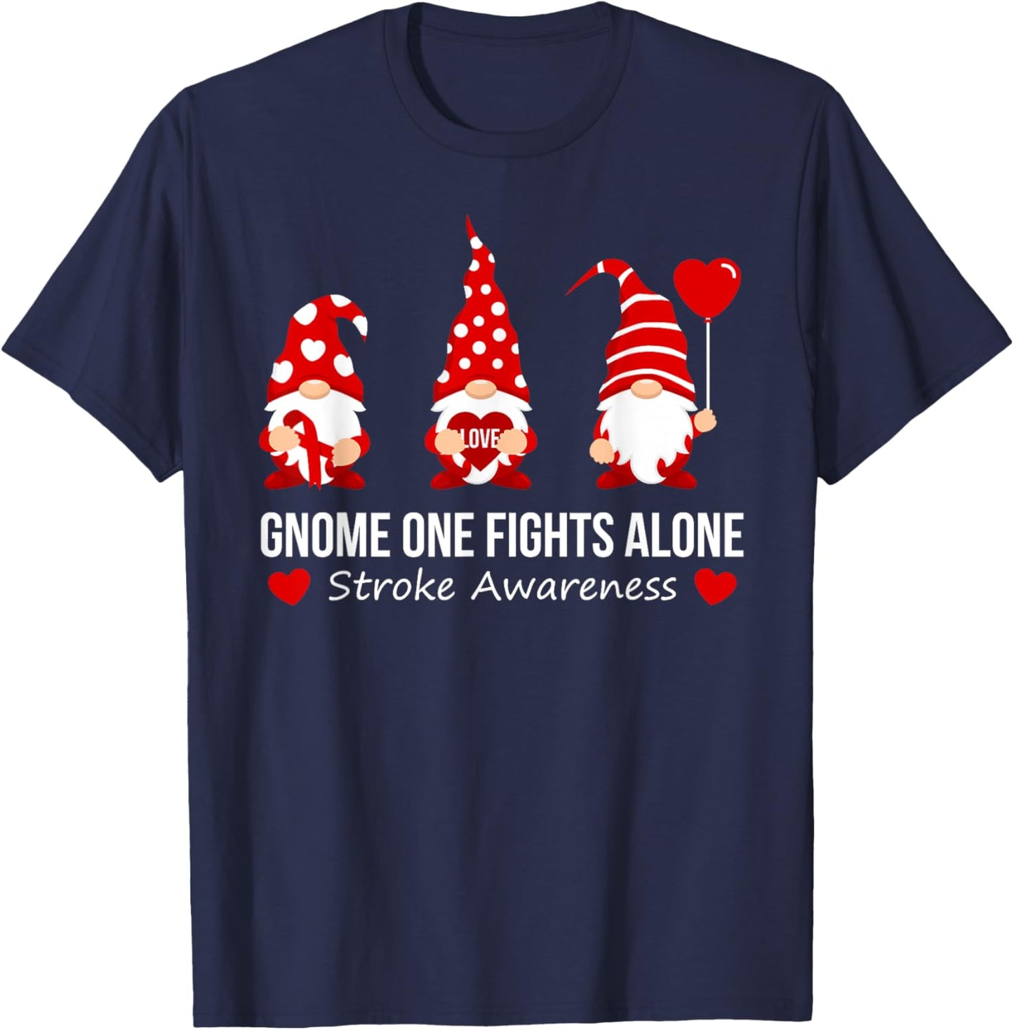 Gnome One Fights Alone Stroke Awareness Red Ribbon Survivor T-Shirt - T-Shirt | Navy