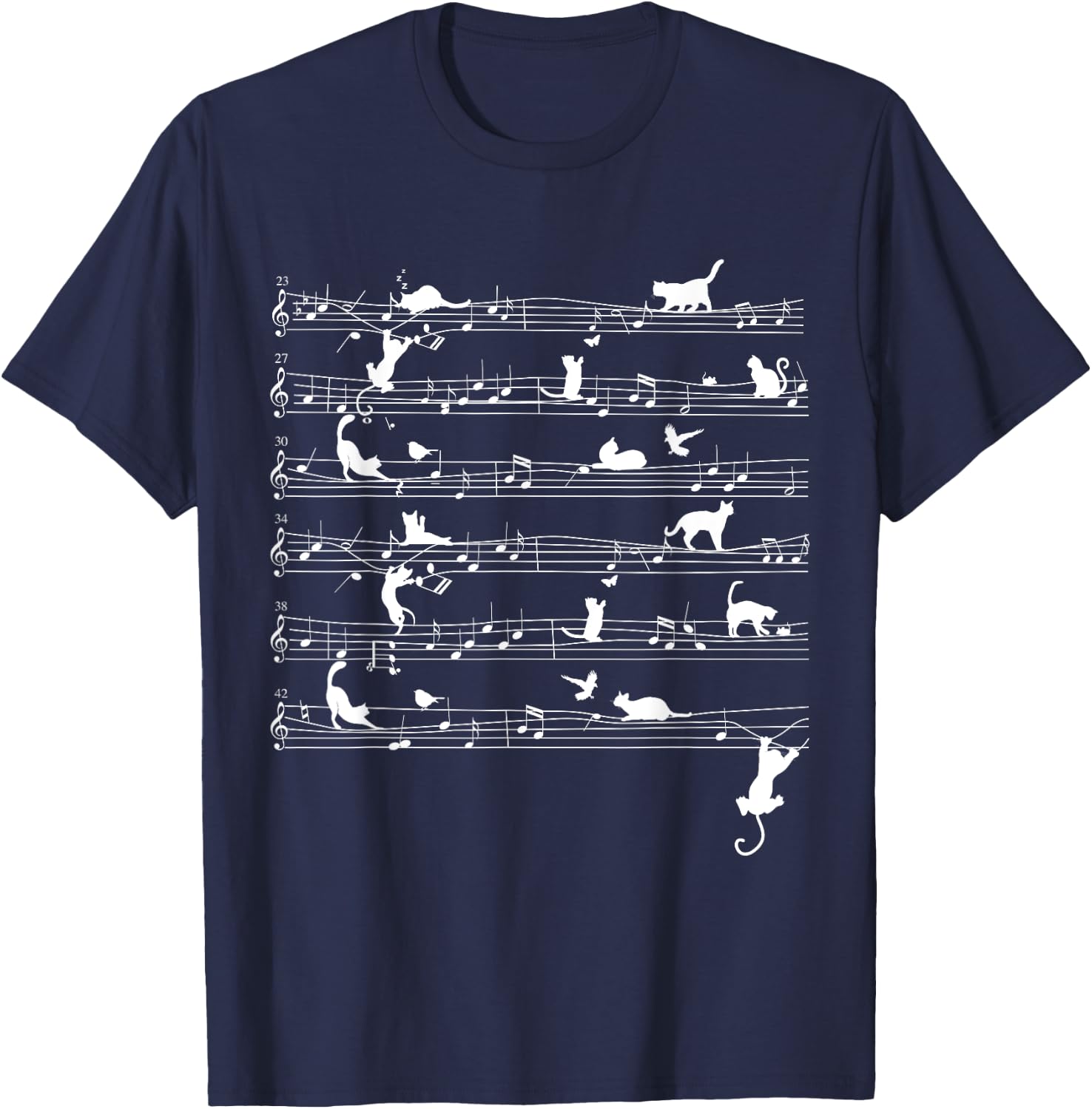 Cute Cat Kitty Playing Music Note Clef Musician Art Men Women Girls Kids T-Shirt - T-Shirt | Navy