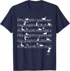 Cute Cat Kitty Playing Music Note Clef Musician Art Men Women Girls Kids T-Shirt - T-Shirt | Navy