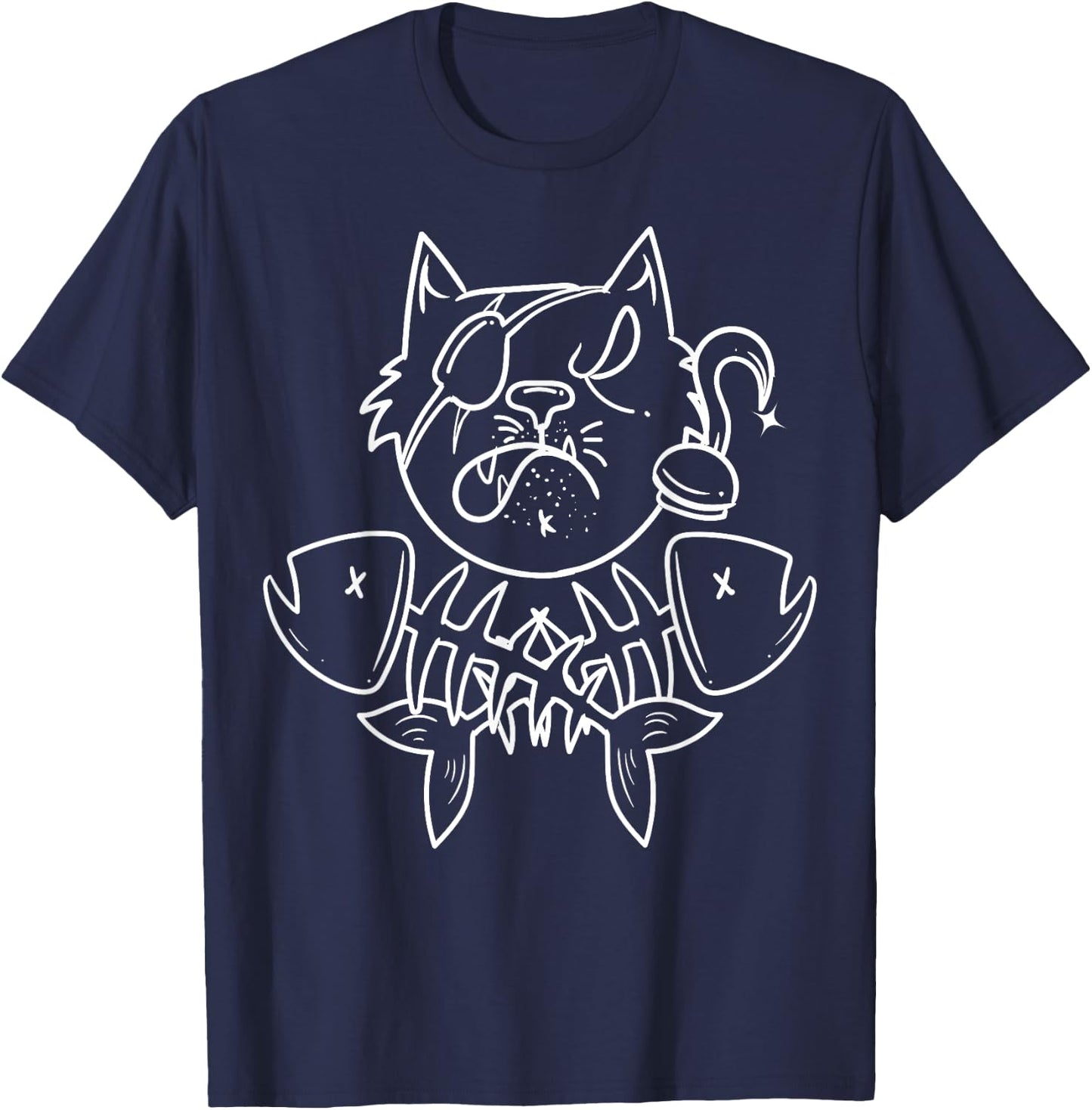 Funny Pirate Fish Cat Crossbone Halloween Jolly Roger T-Shirt - T-Shirt | Navy