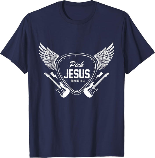 Pick Jesus Christian Church Band Guitarist Guitar T-Shirt - T-Shirt | Navy