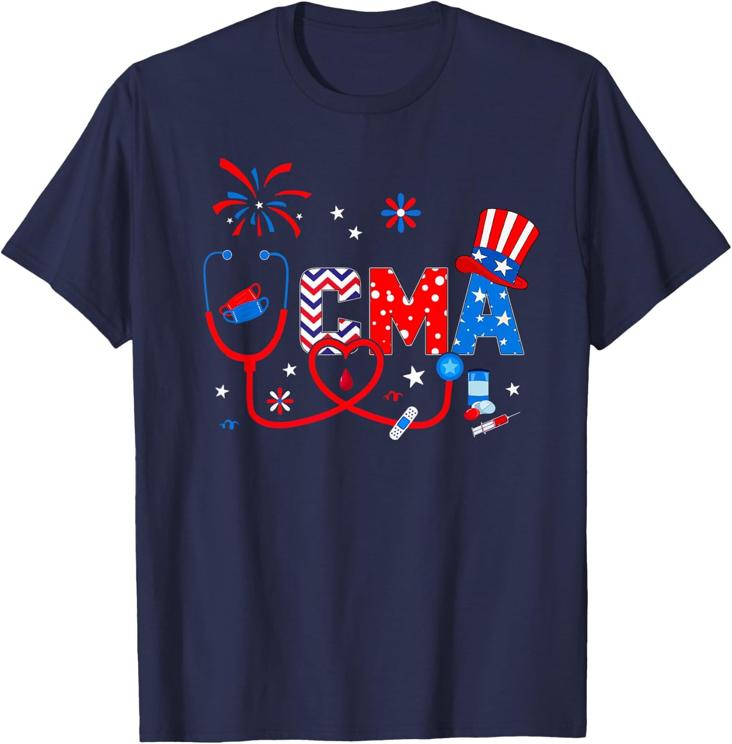 4th Of July Shirt Stethoscope Patriotic CMA T-Shirt - T-Shirt | Navy