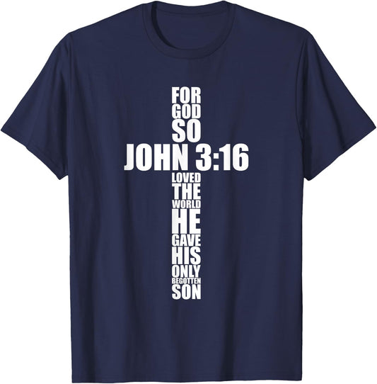 John 3:16 Cross Christian Bible Verse Religious Graphic T-Shirt - T-Shirt | Navy