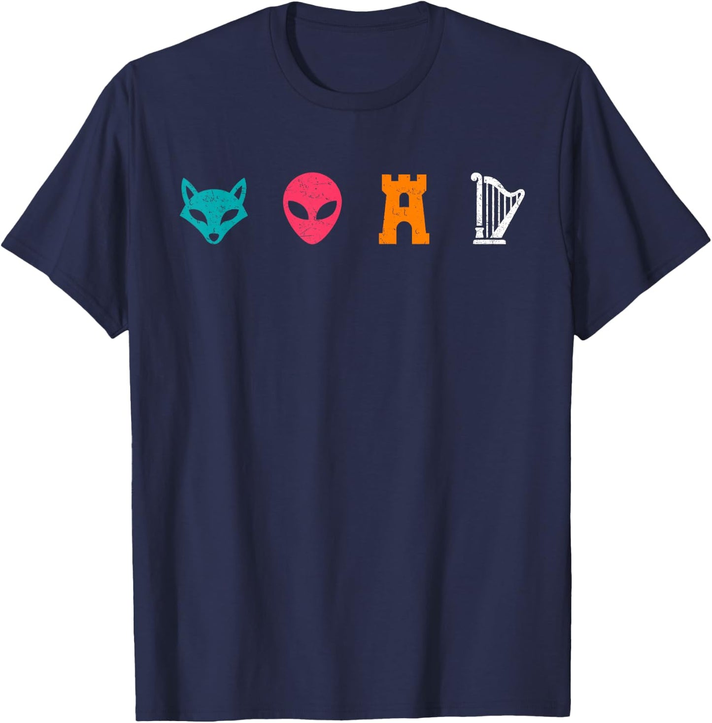 Retro Vintage Fox Alien Castle Harp T-Shirt - T-Shirt | Navy