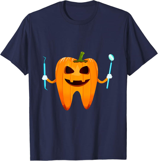 Funny Dental Halloween Tooth Pumpkin Dentist Halloween Gift T-Shirt - T-Shirt | Navy