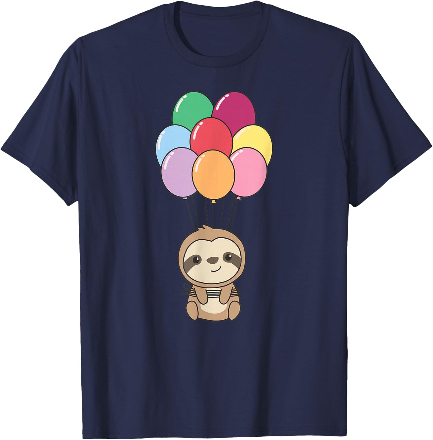 Sloth Flies Up with Colorful Balloons Kawaii Sloths T-Shirt - T-Shirt | Navy