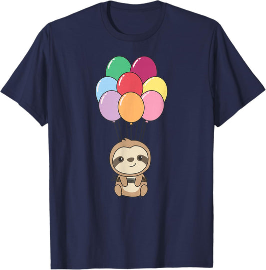 Sloth Flies Up with Colorful Balloons Kawaii Sloths T-Shirt - T-Shirt | Navy