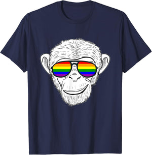 Monkey Chimp With Rainbow Sunglasses Rainbow Monkey T-Shirt - T-Shirt | Navy