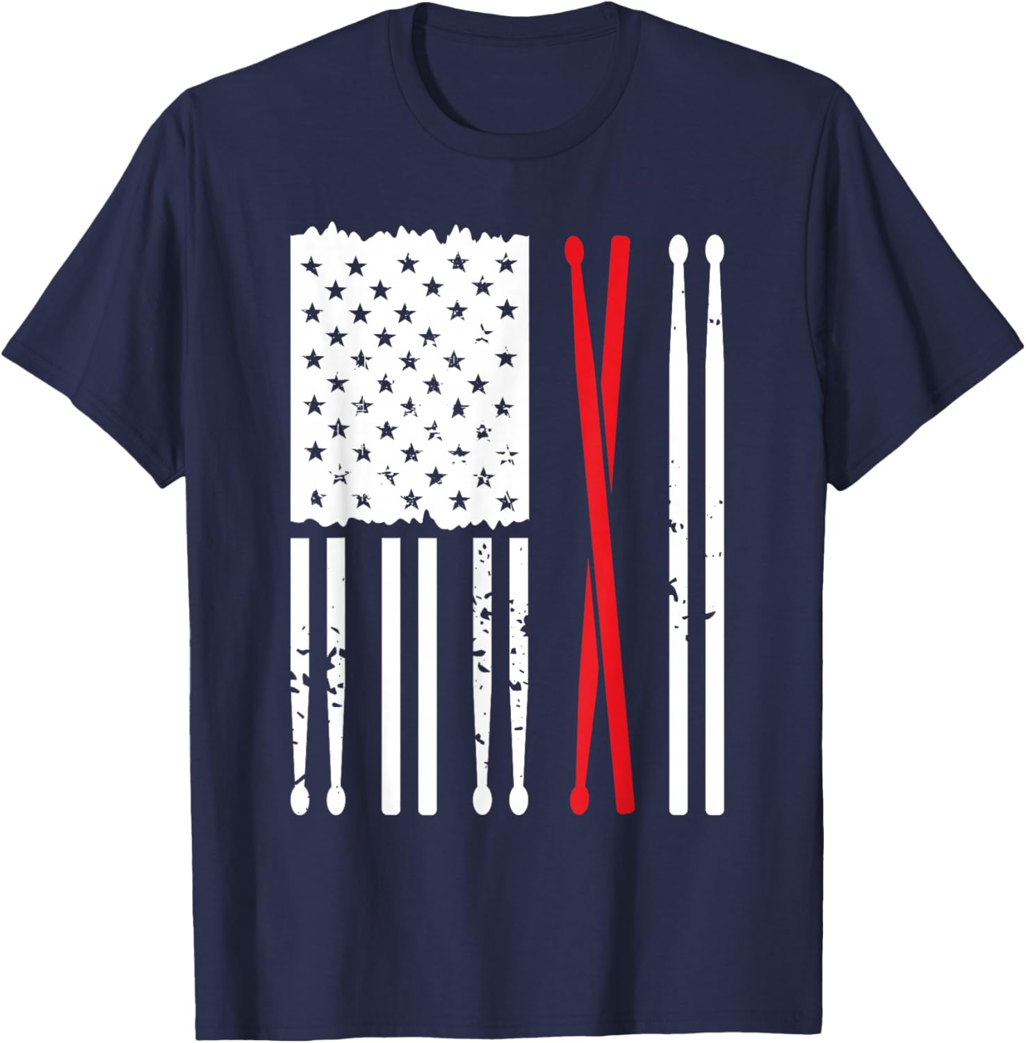 Vintage Drum Sticks American Flag Funny Drummer Gift T-Shirt - T-Shirt | Navy