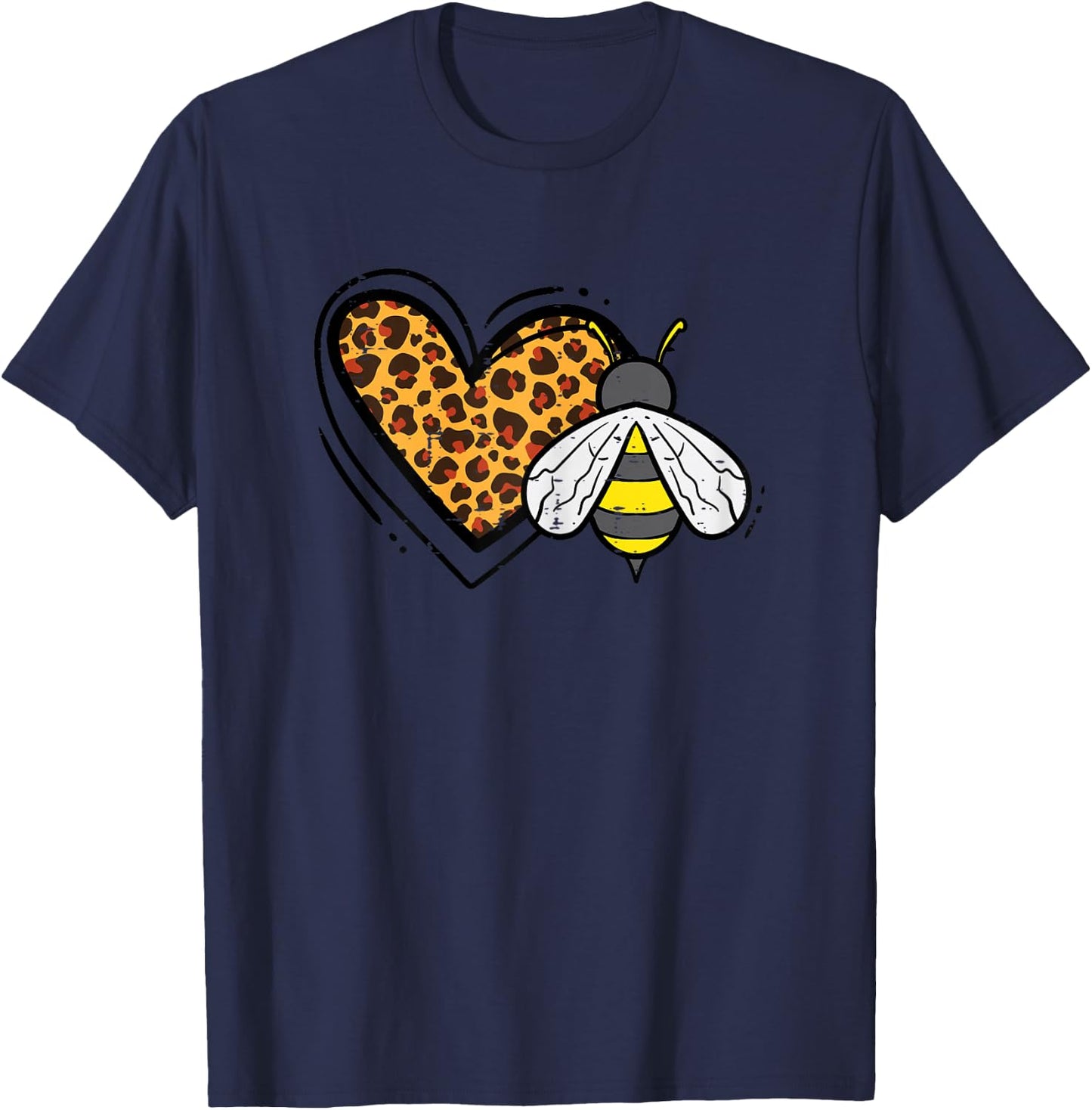 Leopard Print Heart Bee Cute Love Bumblebee Men Women Kids T-Shirt - T-Shirt | Navy