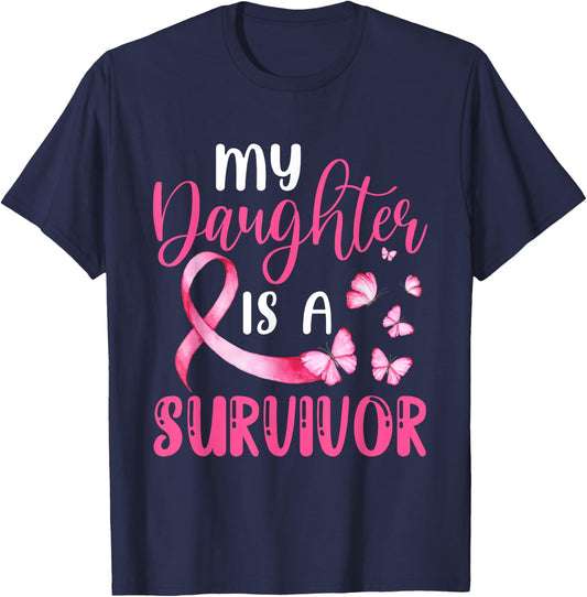 My Daughter Is A Survivor Breast Cancer Awareness Butterfly T-Shirt - T-Shirt | Navy