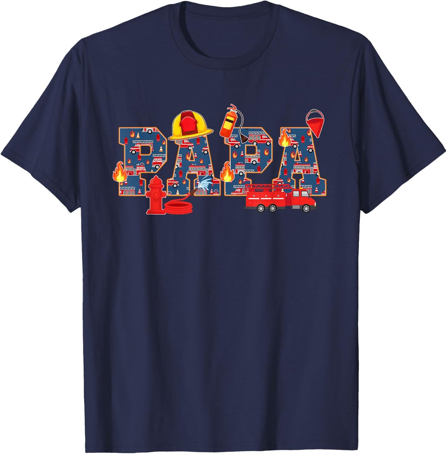 Papa Birthday Boy Fire Truck Firefighter Family Birthday T-Shirt - T-Shirt | Navy