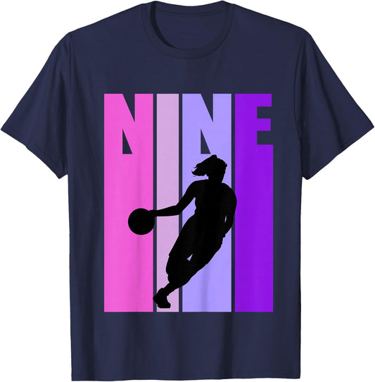 Kids Basketball 9th Birthday Kids Girls Retro 9 Nine Ninth T-Shirt - T-Shirt | Navy