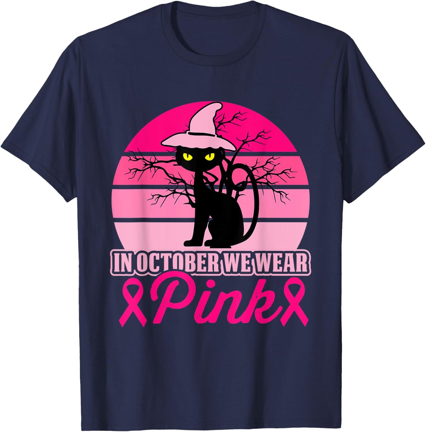In October We Wear Pink Cat Breast Cancer Halloween T-Shirt - T-Shirt | Navy