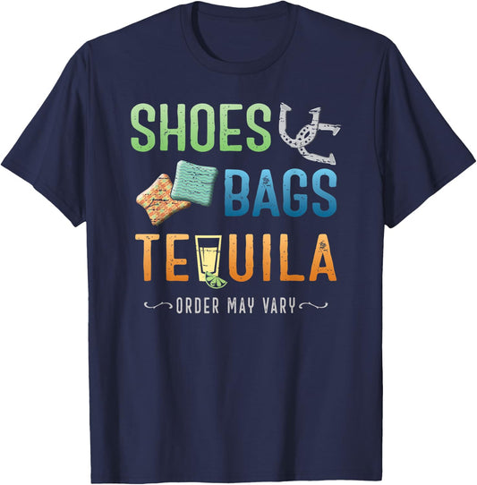 Playing Horseshoes, Tossing Cornhole Bags & Tequila T-Shirt - T-Shirt | Navy