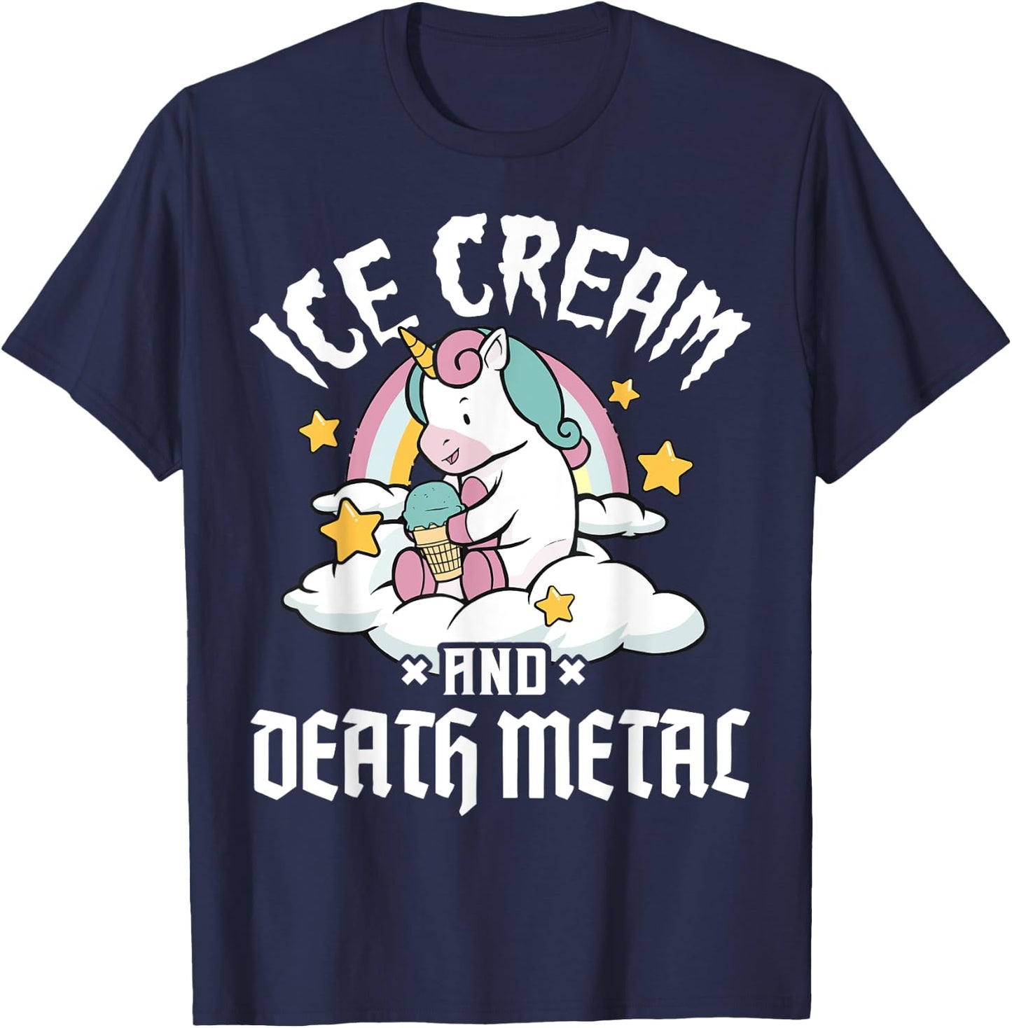 Unicorn Retro Rainbow Heavy Metal Ice Cream And Death Metal Men Women Girls Kids T-Shirt - T-Shirt | Navy