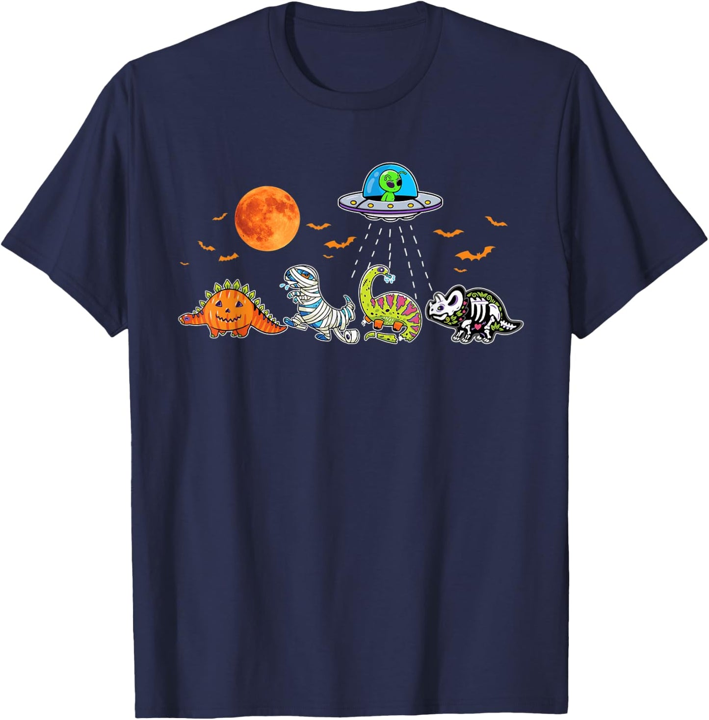 Pumpkin UFO Alien Dinosaur T Rex Halloween Kids T-Shirt - T-Shirt | Navy