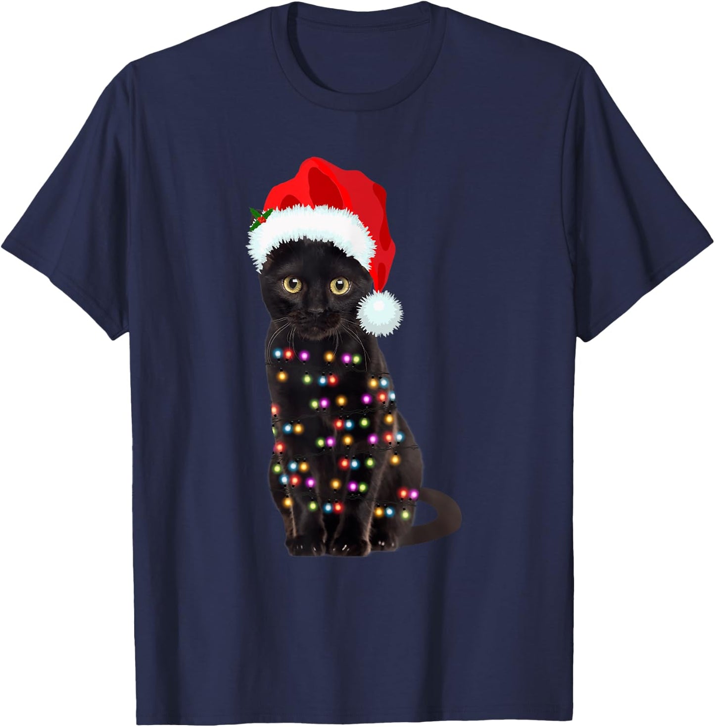 Black Cat Christmas lights Cat Lover Christmas T-Shirt - T-Shirt | Navy