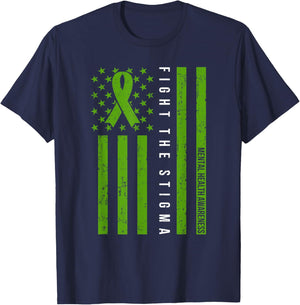 Mental Health Awareness Shirt Green Ribbon Support USA Flag T-Shirt - T-Shirt | Navy