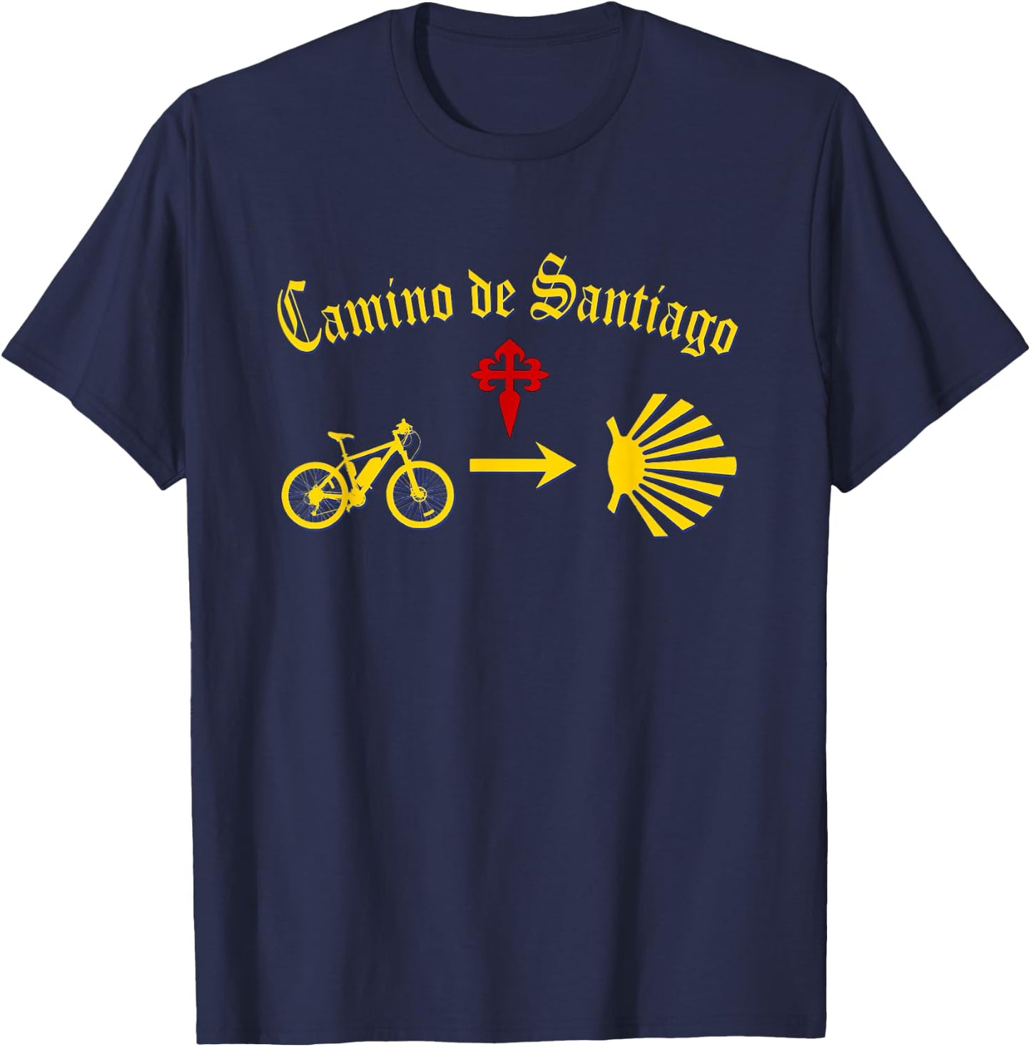 Camino de Santiago Mountain Bike Yellow Arrow Scallop Cross T-Shirt - T-Shirt | Navy