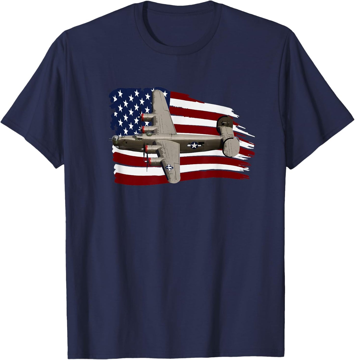 B-24 Liberator WW2 Bomber Plane Pilot US Flag T shirt T-Shirt - T-Shirt | Navy