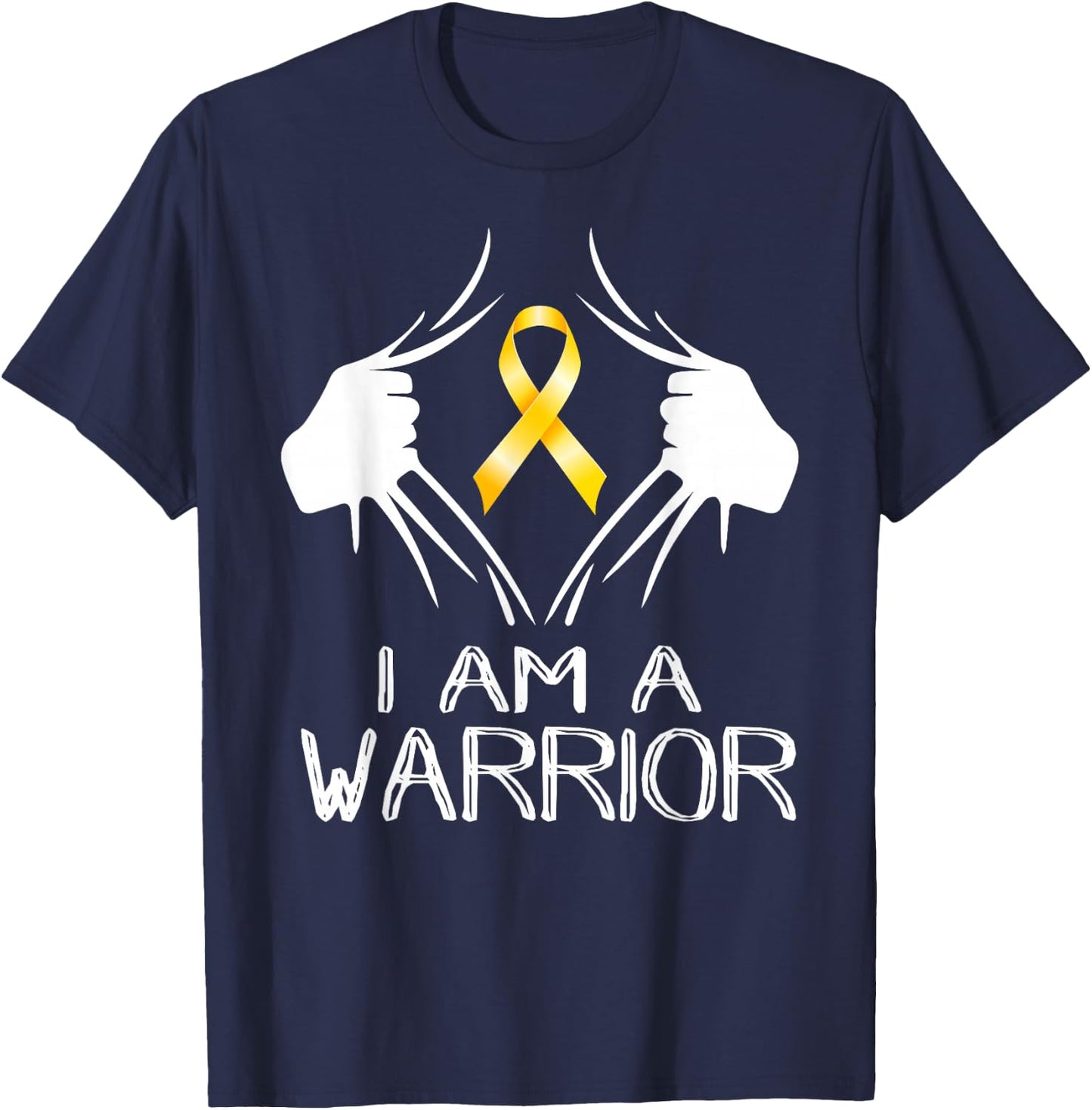 I Am A Warrior Childhood Cancer Awareness Gold Ribbon Gifts T-Shirt - T-Shirt | Navy