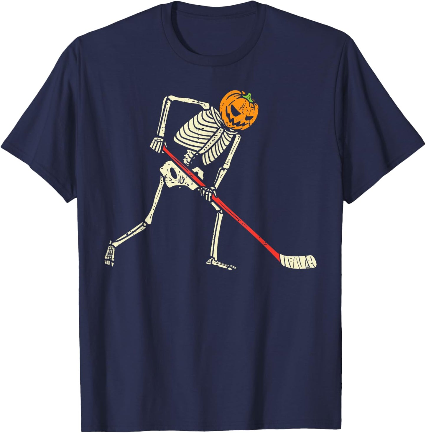 Pumpkin Skeleton Ice Hockey Funny Halloween Sports Player T-Shirt - T-Shirt | Navy