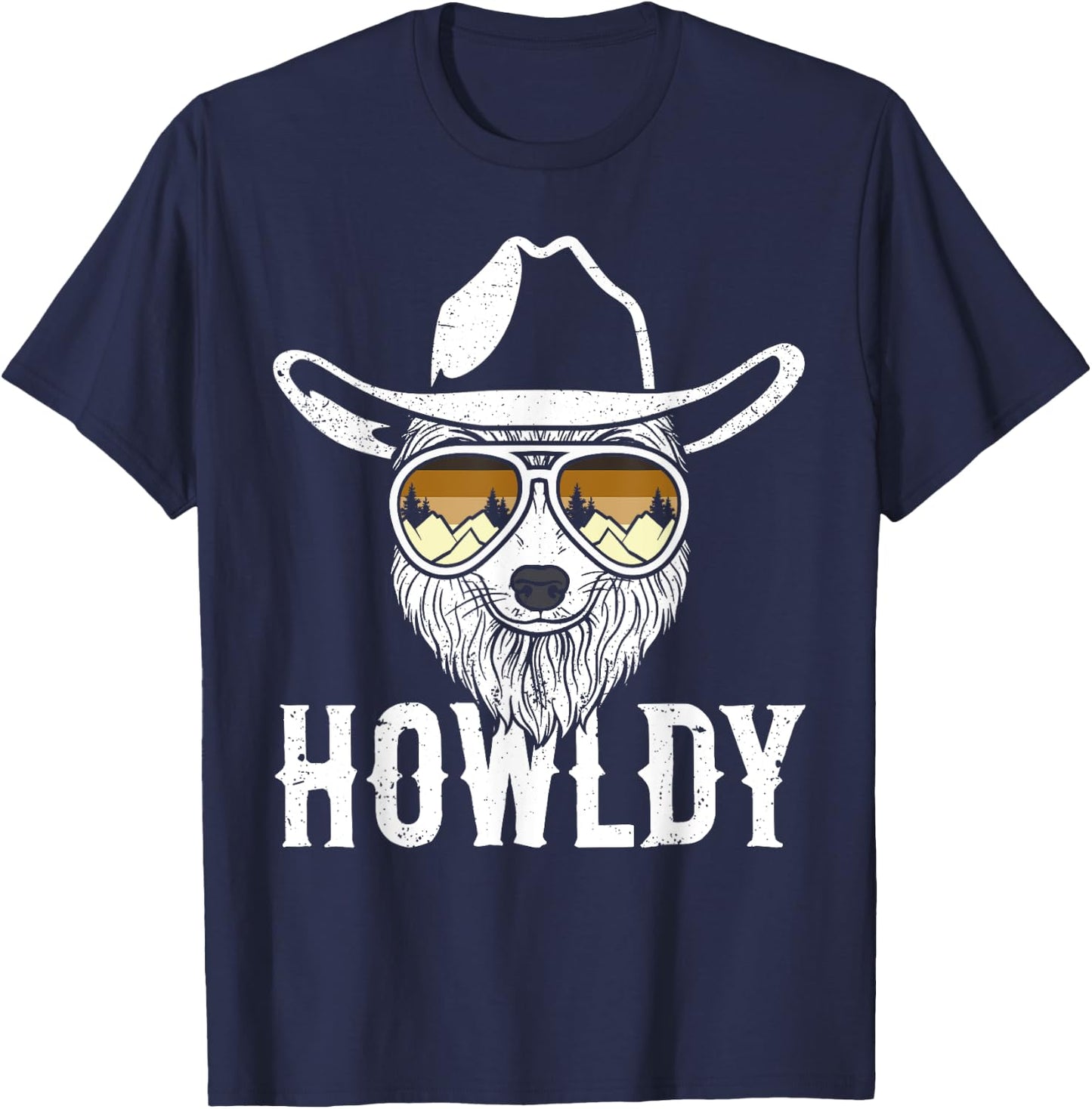 Howldy Retro Cowboy Wolf With Cowboy Hat Wolf Men Boys T-Shirt - T-Shirt | Navy