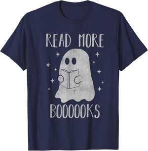 Read more boooooks Funny Cute Halloween Ghost reading a book T-Shirt - T-Shirt | Navy