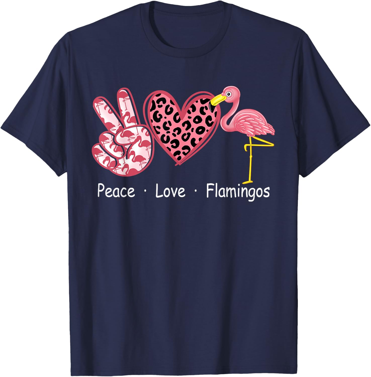 Peace Love Heart Pink Flamingos Cheetah Leopard Women Girl T-Shirt - T-Shirt | Navy