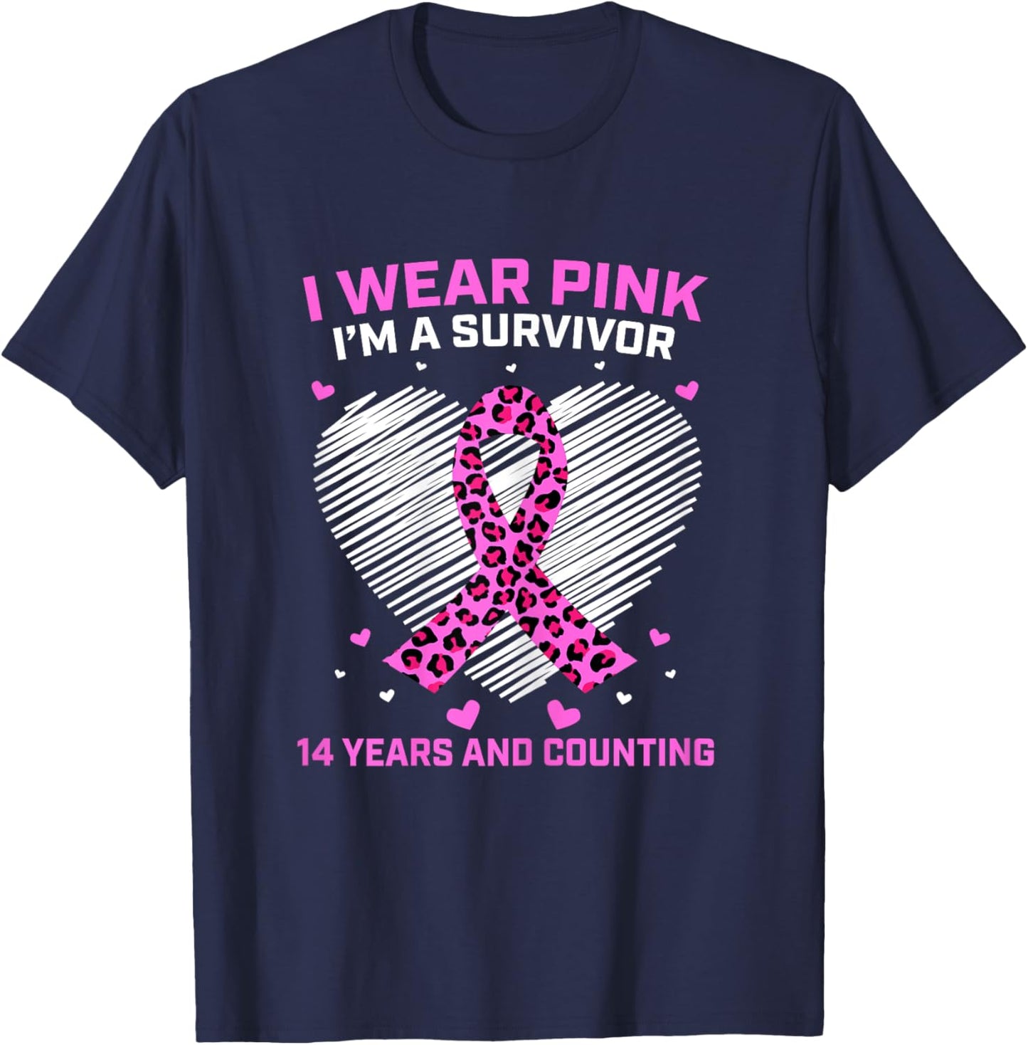 14 Years Breast Cancer Survivor Pink Cheetah Print Awareness T-Shirt - T-Shirt | Navy