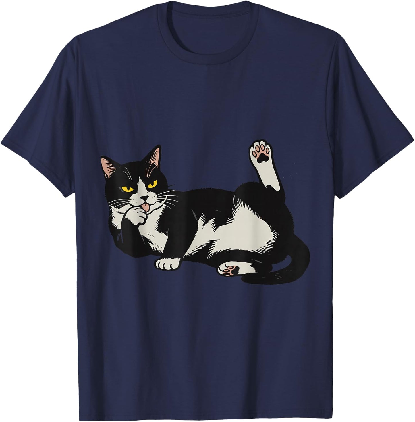 Funny Tuxedo Cat Licking Paw Cute Lazy Feline Graphic T-Shirt - T-Shirt | Navy